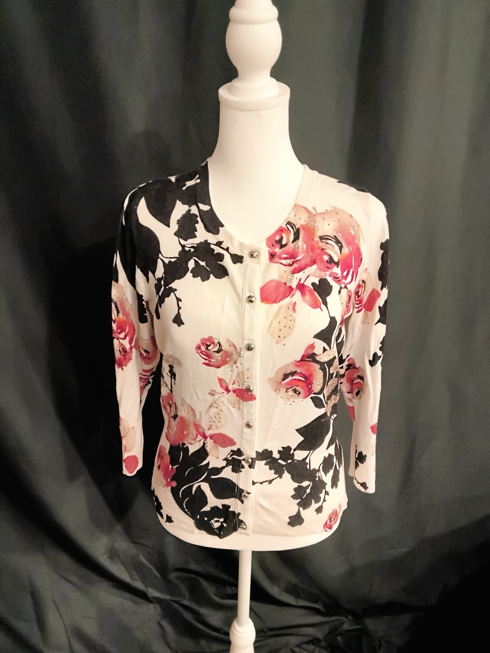 White House Black Market White Cardigan with Black Floral Trim